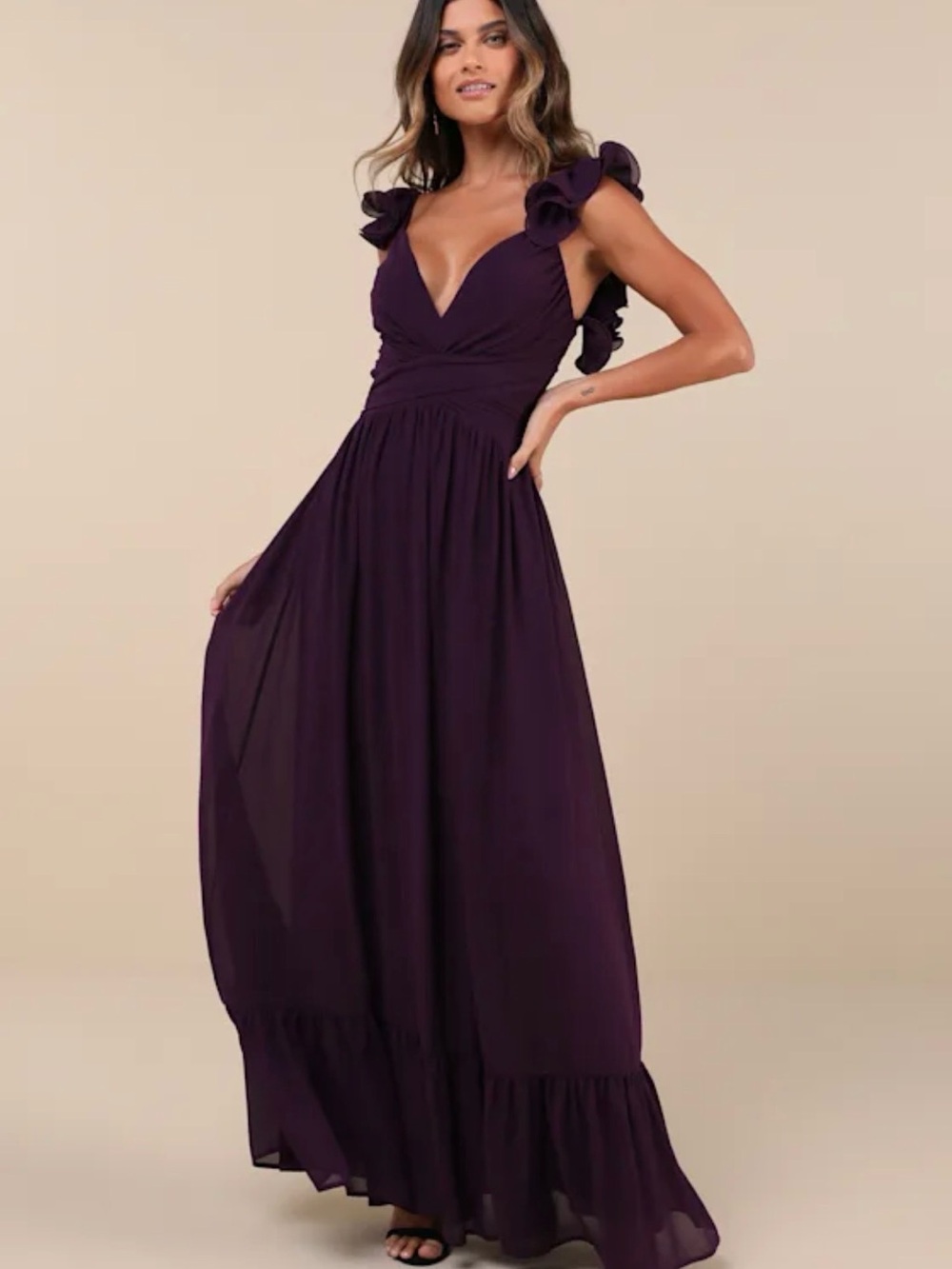 Lulu's Plum Ruffle Strap Maxi Dress